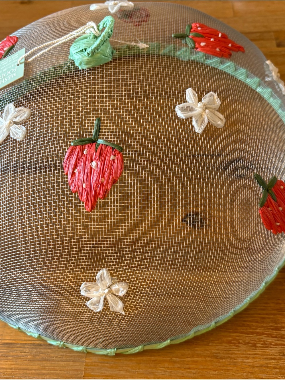 Vintage style mesh food cover-Raffia Strawberries & White flowers-Green-picnic